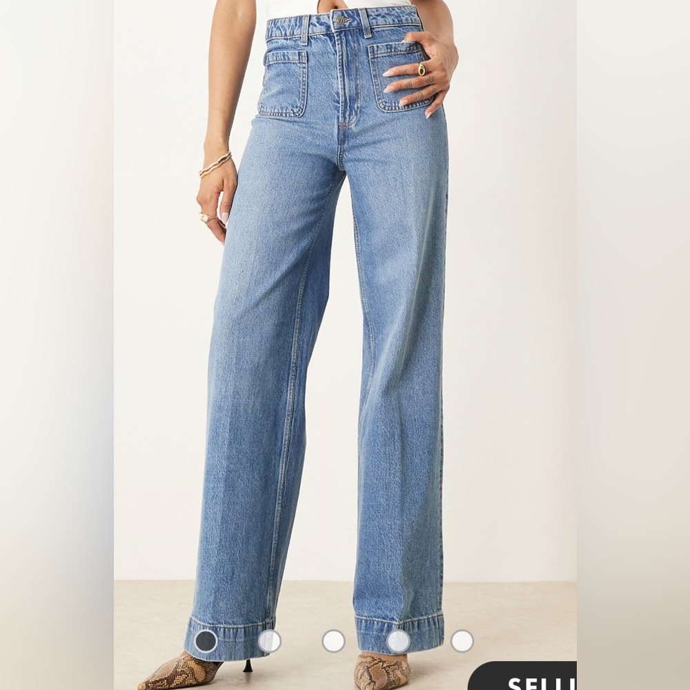 ASOS DESIGN Tall‎ high rise wide leg jeans with front pockets in mid blue